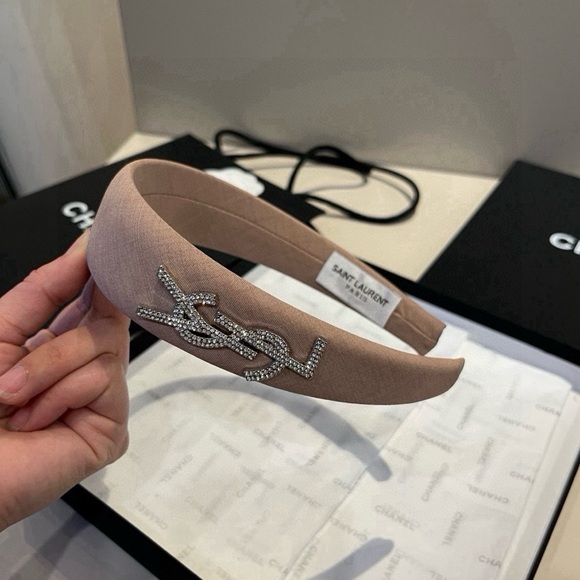 Saint Laurent Beige Headband with Crystal Logo - Picture 1 of 6